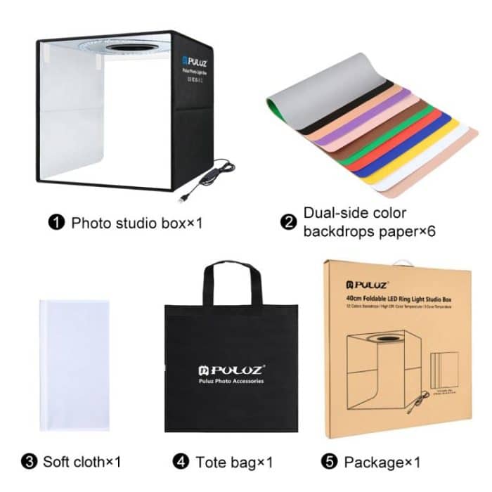 PULUZ 40 cm faltbare tragbare Ringlicht-USB-Fotobeleuchtung, Studio-Aufnahmezeltbox mit 6 x doppelseitigen farbigen Hintergründen, Größe: 40 cm x 40 cm x 40 cm, 40cm Box Black RU, 40cm – Bild 10