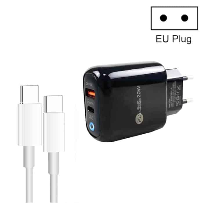 PD04 Typ-C + USB-Handy-Ladegerät mit Typ-C-auf-Typ-C-Kabel, EU-Stecker, EU Plug + Type-C to Type-C Cable – Bild 1
