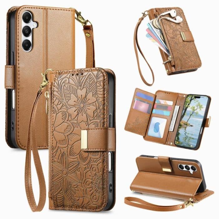 Flowers Leaves Zipper Wallet Leather Phone Case with Strap – Bild 1