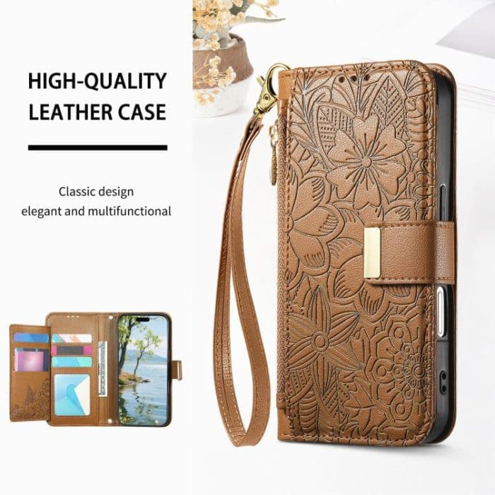 Flowers Leaves Zipper Wallet Leather Phone Case with Strap – Bild 4