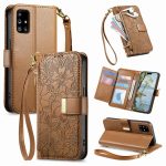 Flowers Leaves Zipper Wallet Leather Phone Case with Strap