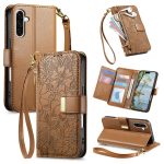 Flowers Leaves Zipper Wallet Leather Phone Case with Strap