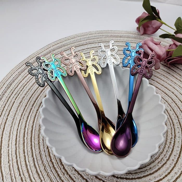 Mehrfarbiger Edelstahl-Schmetterlings-Kaffeelöffel für Obst, kaltes Getränk, Eis, Dessert, Teelöffel, Silver, Gold, Rose Gold, Rainbow, Black, Blue, Purple – Bild 7