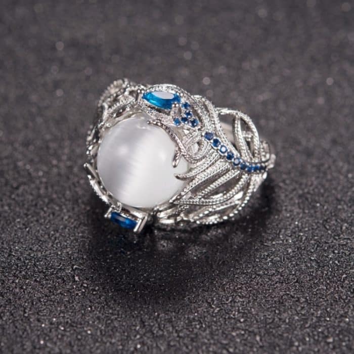 Vintage Silber Hohle Natürliche Opal Ringe Feder Muster Ringe für Frauen Schmuck – Bild 3
