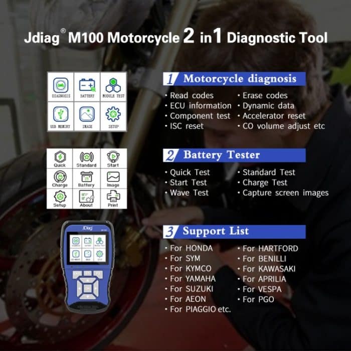 JDIAG M100 Motorräder 2 in1 OBD-Scanner-Batterietester, vereinfachte Version – Bild 6