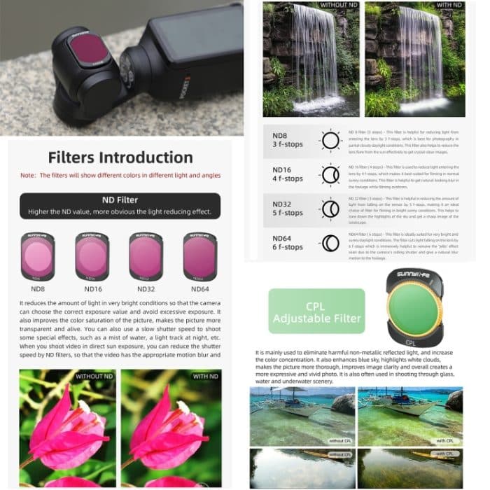 Für DJI Osmo Pocket 3 Sunnylife Kameraobjektivfilter, 4 in 1 ND8-64PL, 4 in 1 UV CPL ND32 ND64, 6 in 1 UV CPL ND8-64 – Bild 8