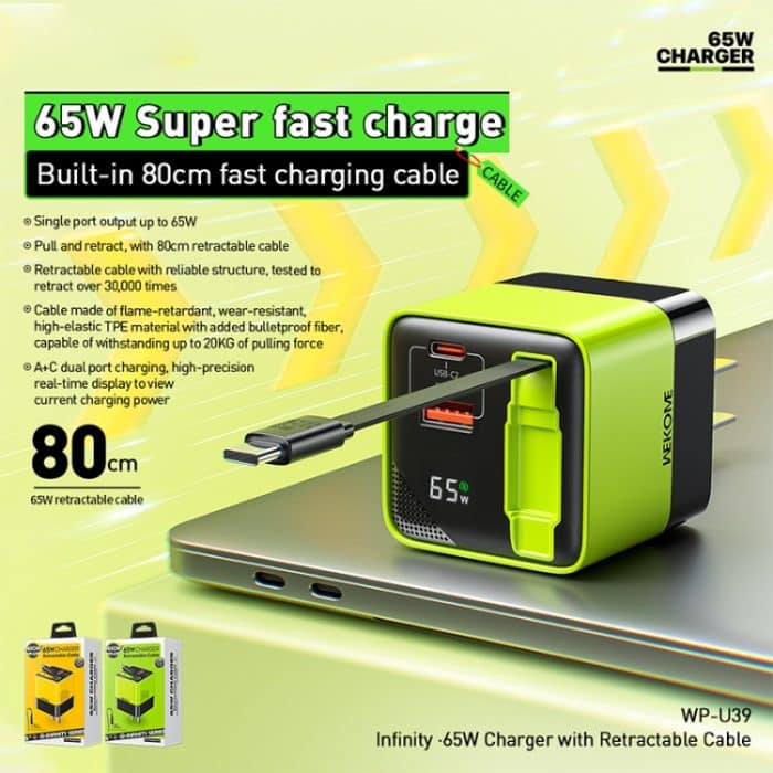 WK WP-U39 65 W USB-C / Typ-C, USB GaN Schnellladegerät mit 80 cm Typ-C Kabel, EU Plug, US Plug – Bild 3