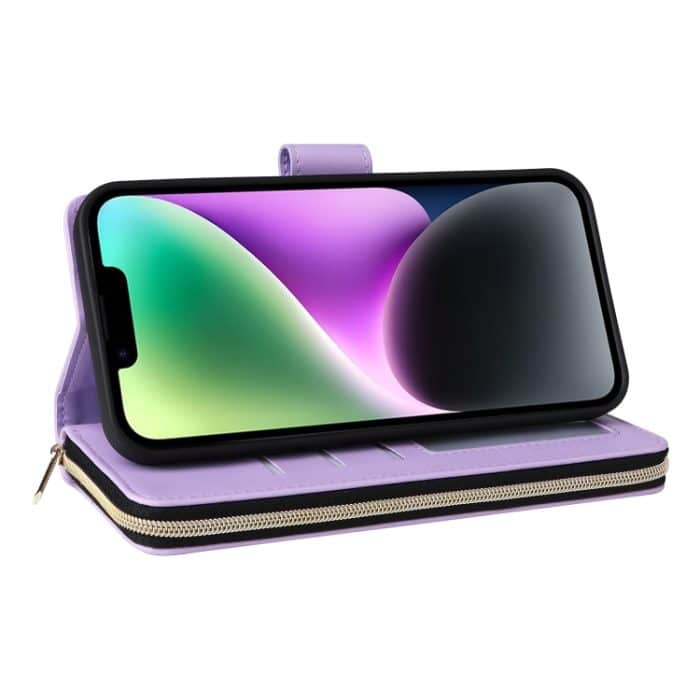 Brieftasche mit Reißverschluss und neun Kartenfächern, Leder-Telefonhülle, For iPhone 14 / 13 – Bild 6