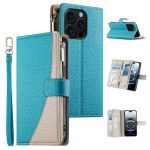 Stitching Multi-card Zipper Wallet Leather Phone Case with Short Strap, For iPhone 15, For iPhone 14 Plus, For iPhone 14 / 13, For iPhone 14 Pro