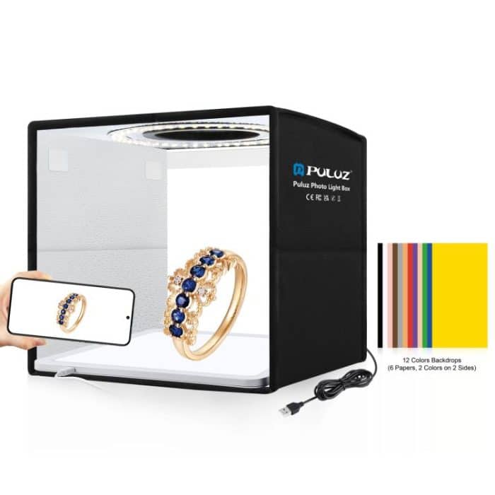PULUZ 25 cm faltbare, tragbare Ring-LED-Fotobeleuchtungs-Studio-Zeltbox mit hohem CRI + schattenloses Lichtlampen-Panel-Pad mit 12 Farben Hintergründen, Größe: 25 cm x 25 cm x 25 cm, 25cm High CRI Box + Shadowless Light... – Bild 1