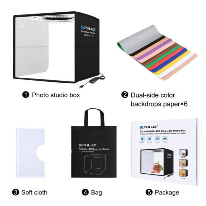 PULUZ 25 cm, faltbar, tragbar, 3 Modi, Dual-Farbtemperatur, Ringlicht, Fotobeleuchtung, Studio, Aufnahmezelt, Box mit 6 x doppelseitigen Farbhintergründen, Größe: 25 cm x 25 cm x 25 cm, 25cm 3 Color Temp. Box Black, 25cm 3 Color Temp. Box Black RU – Bild 8