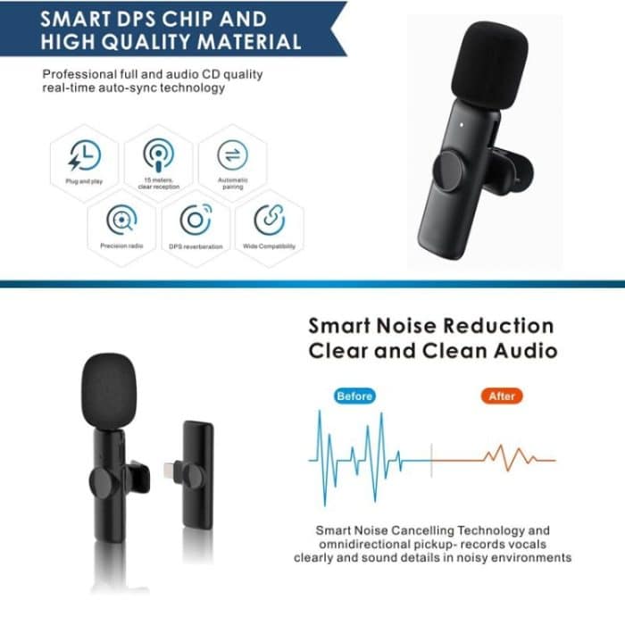 Bluetooth-Mini-Mikrofon, kabelloses Lavalier-Mikrofon mit Rauschunterdrückung für iPhone/iPad, mit 8-poligem Empfänger, Single Microphone, Dual Microphones – Bild 2