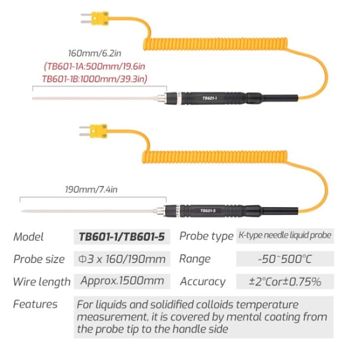 K-Typ-Sondenverwendung mit Thermometer, TASI TB601-1 Liquid Probe, TASI TB601-2 Surface Probe, TASI TB601-3 Surface Thermocouple, TASI TB601-4 Elbow Surface Thermocouple, TASI TB601-5 Pointed Needle Liquid Probe – Bild 3