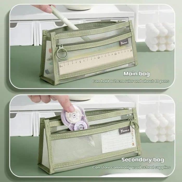 Large Capacity Double-Layer Mesh Pencil Case Triangular Base Design Exam Accessory Pouch – Bild 3