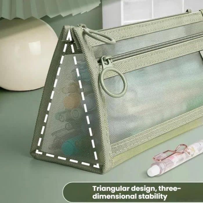 Large Capacity Double-Layer Mesh Pencil Case Triangular Base Design Exam Accessory Pouch – Bild 5